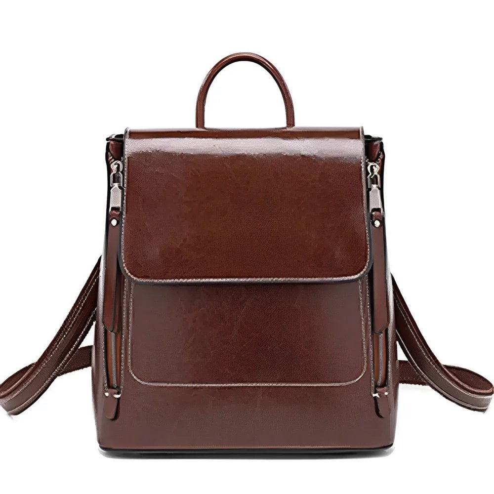 Sac à dos en cuir véritable brillant marron avec poignée et bretelles ajustables