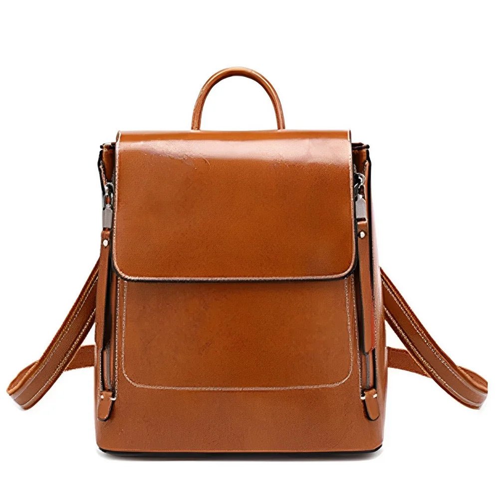 Sac à dos en cuir véritable brillant marron avec poignée et bretelles ajustables