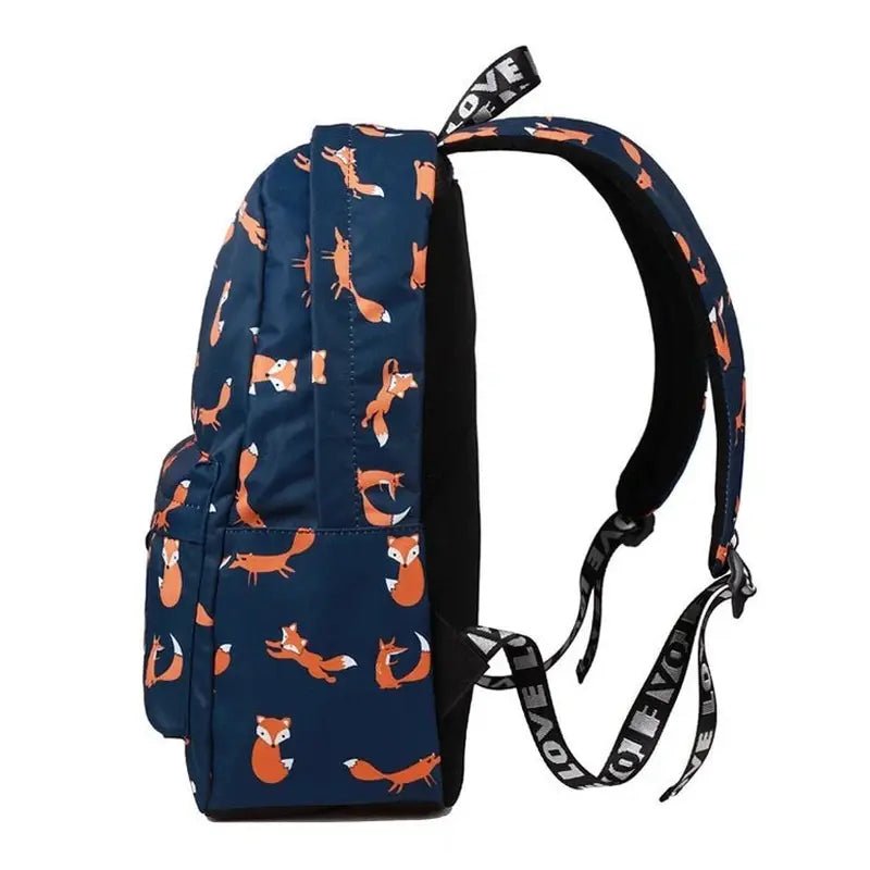 Cartable fille imprimé renard avec sac à dos bleu marine à motif renard orange et inscription LOVE