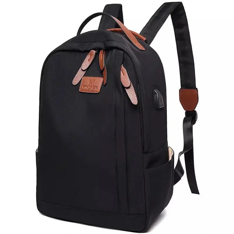 Sac à dos garçon d’école classique en tissu noir avec accents en cuir marron et port USB