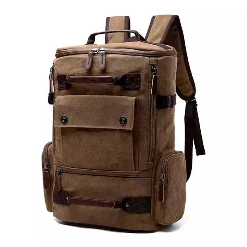 Sac à dos homme casual en toile marron avec accents en cuir et plusieurs compartiments