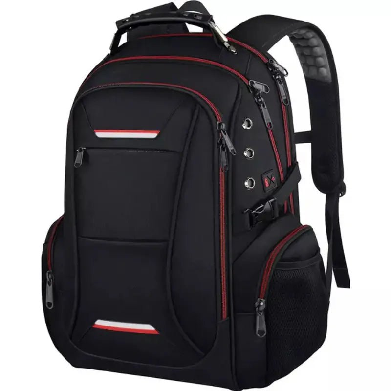 Sac à dos homme multifonction noir avec accents rouges et multiples compartiments