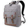Sac à dos en tissu gris avec accents en faux cuir marron et poches à boucles pour femme