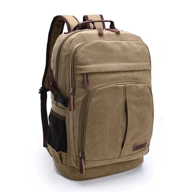 Sac à dos en toile kaki pour homme avec poches zippées et côtés en mesh