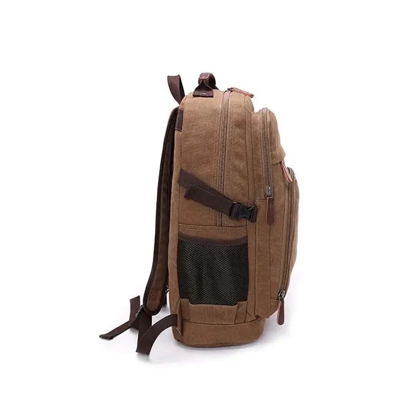 Sac à dos en toile marron pour homme avec compartiments et poche latérale en mesh