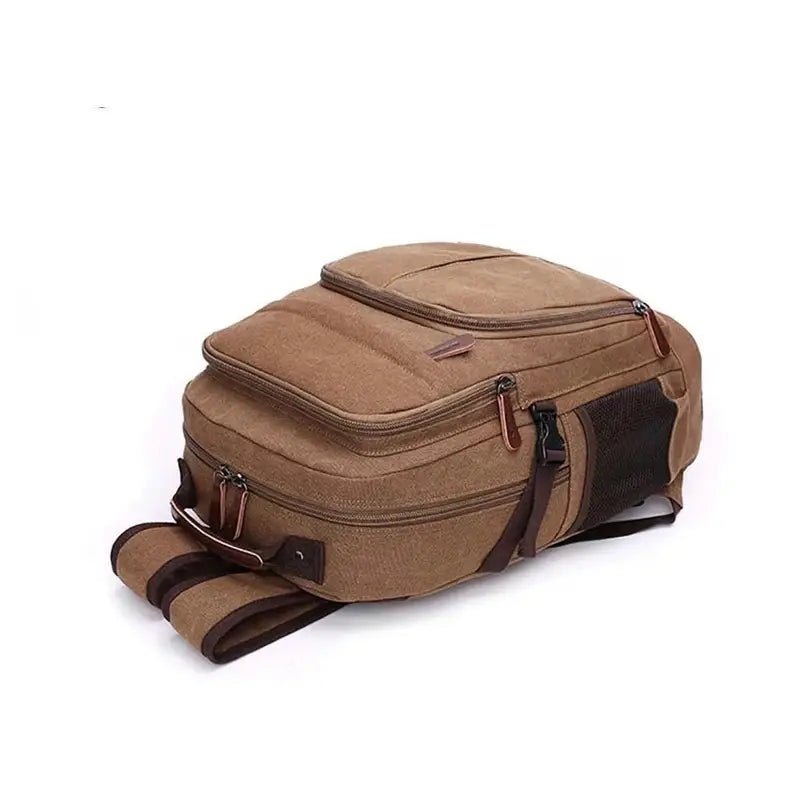 Sac à dos en toile marron pour homme avec plusieurs compartiments zippés