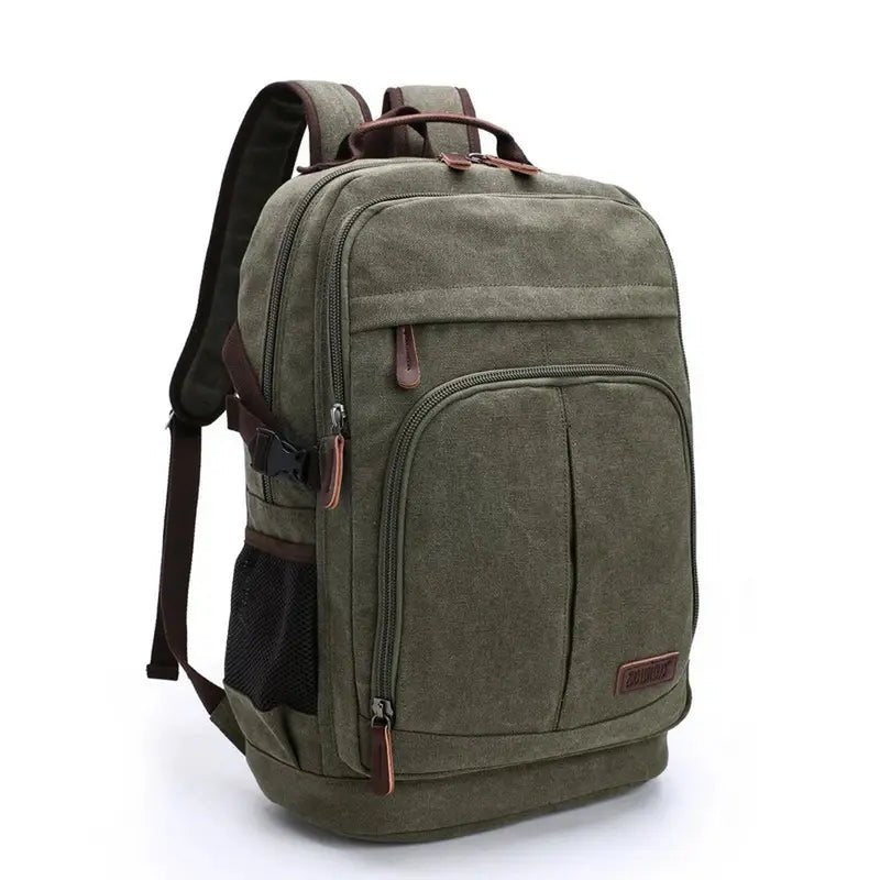 Sac à dos en toile olive vert avec plusieurs compartiments et accents en cuir marron pour homme