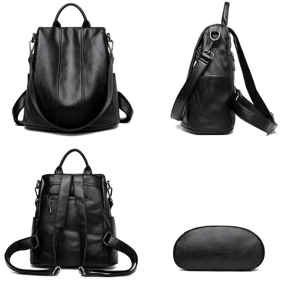 Sac à dos en cuir noir femme avec anti-vol et multiples options de port