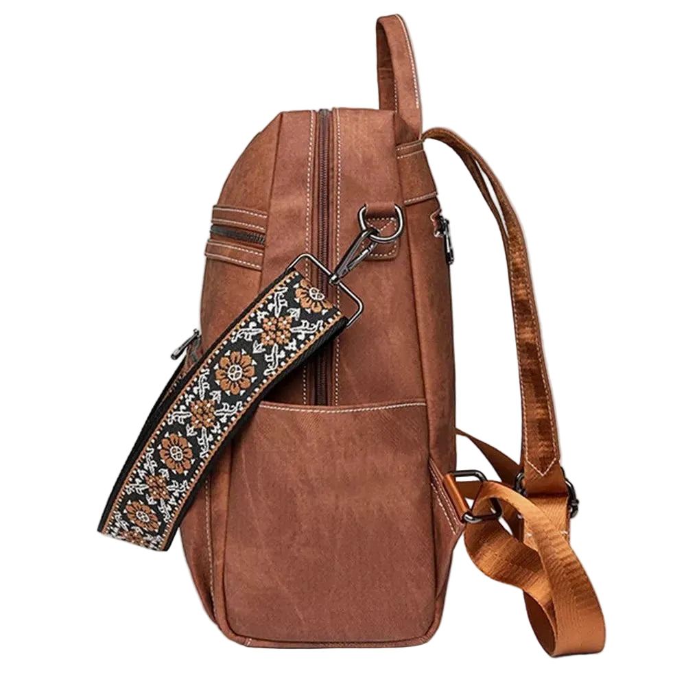 Sac à dos en cuir marron vintage avec bandoulière brodée détachable pour grand sac à dos cuir vintage