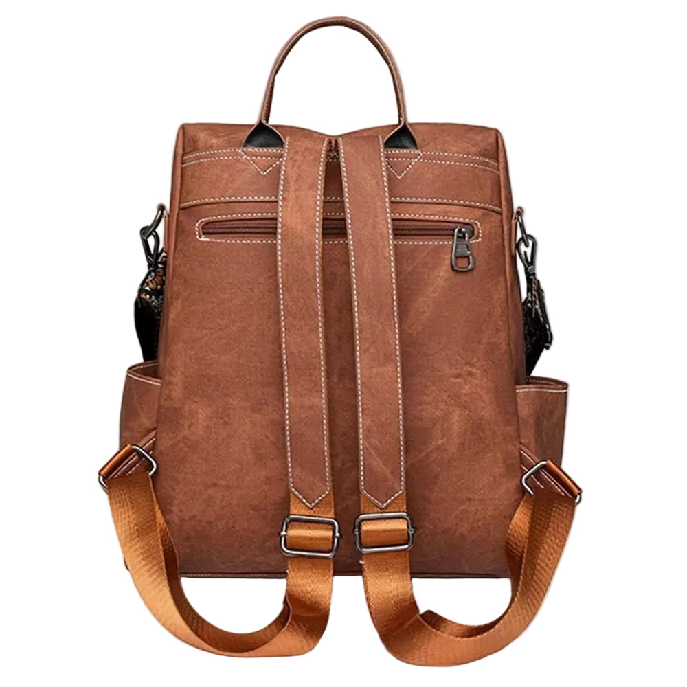 Sac à dos en cuir vintage brun avec bretelles ajustables et multiples poches zippées