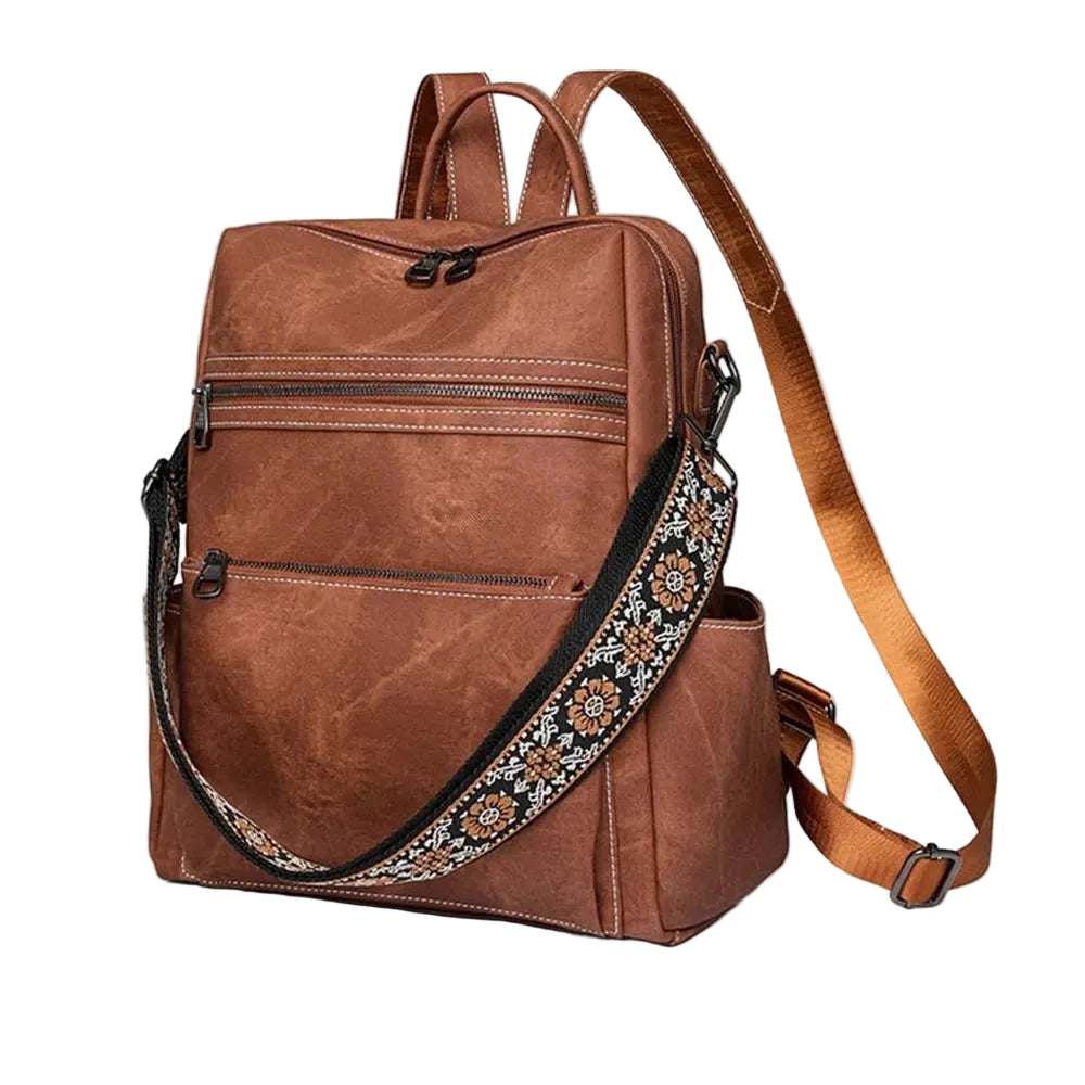 Sac à dos en cuir vintage marron avec plusieurs poches zippées et sangle brodée