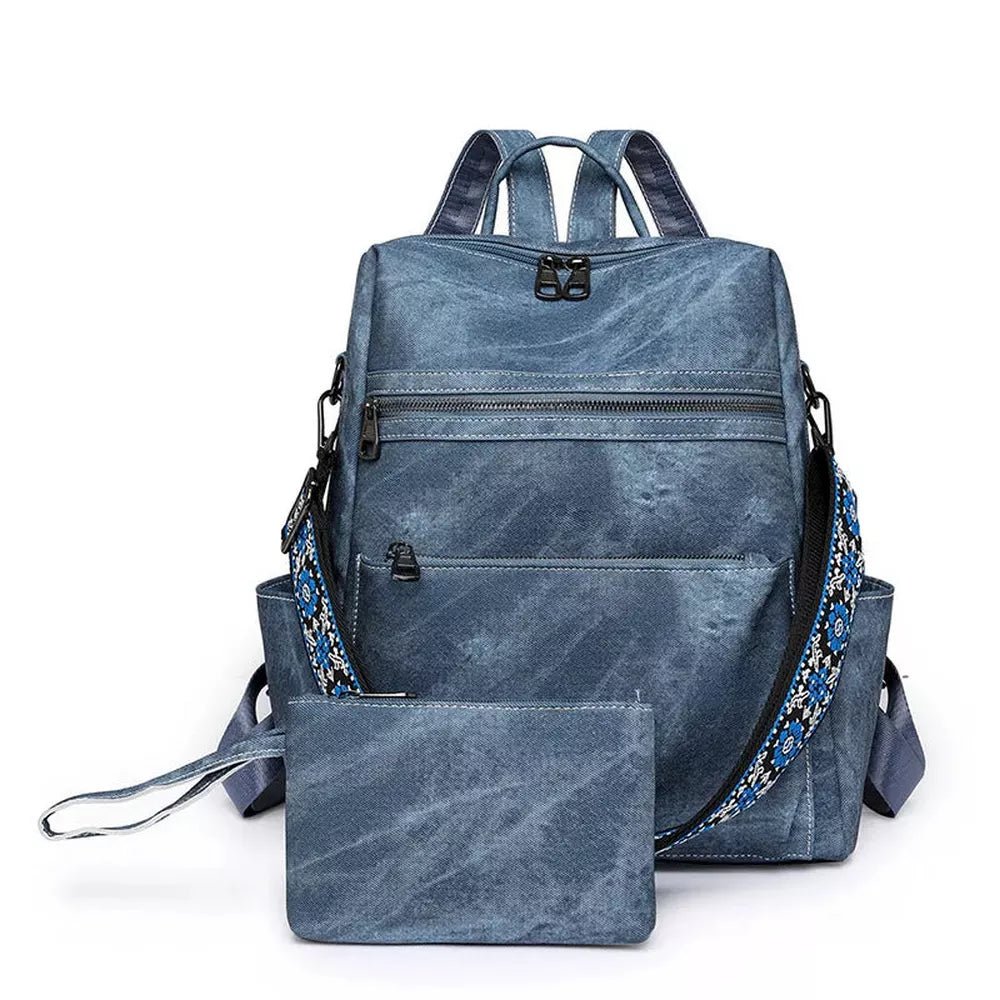 Sac à dos en cuir bleu vintage avec broderie et porte-monnaie détachable