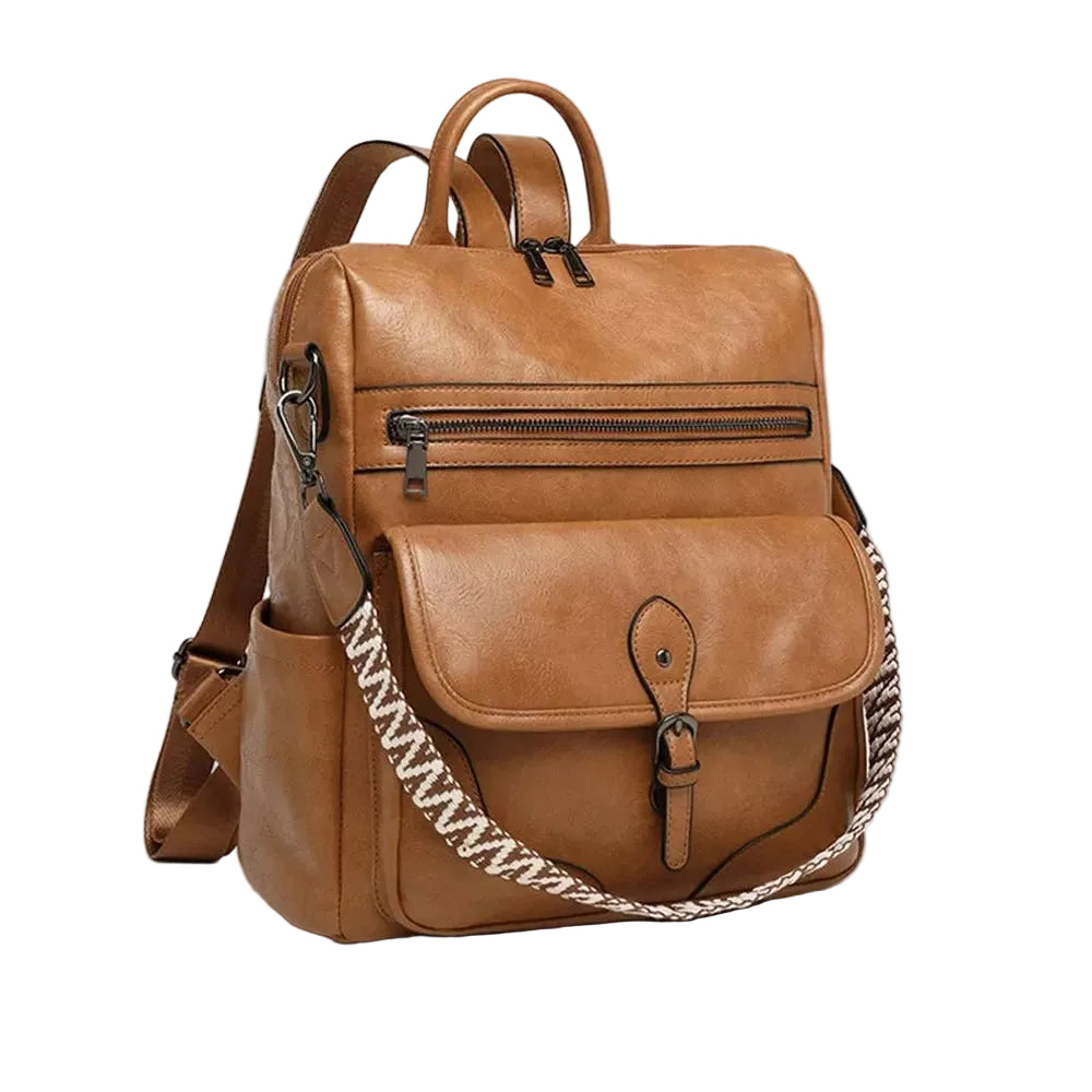 Sac à dos en cuir brun faux avec poches zippées et bandoulière à motif