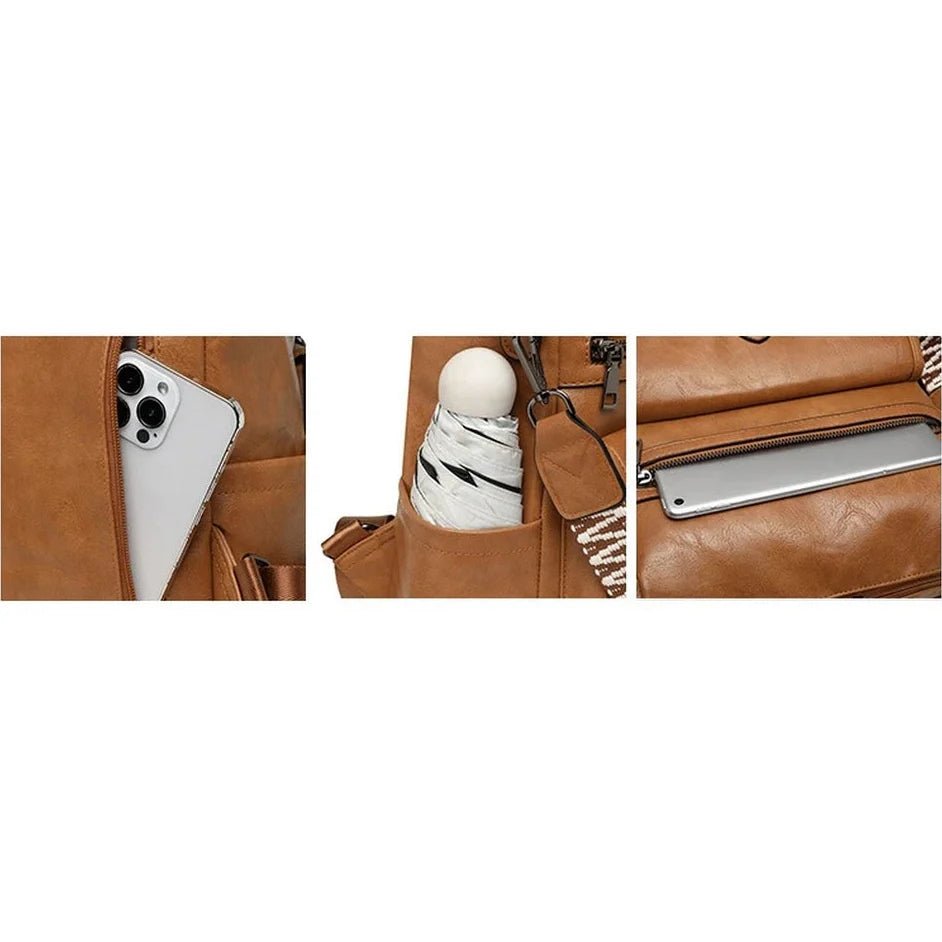Sac à dos en cuir Oldschool avec plusieurs compartiments pour téléphone, parapluie et tablette