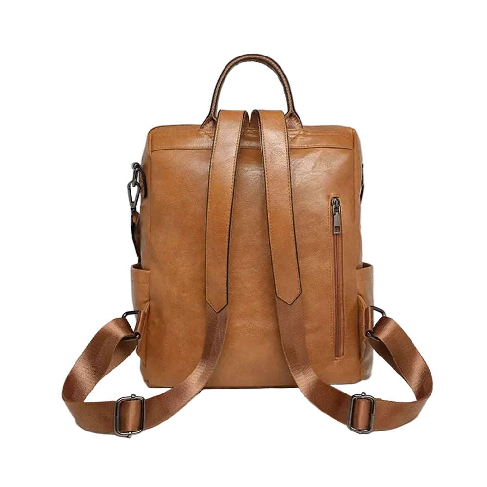 Sac à dos en cuir brun oldschool avec bretelles réglables et plusieurs poches