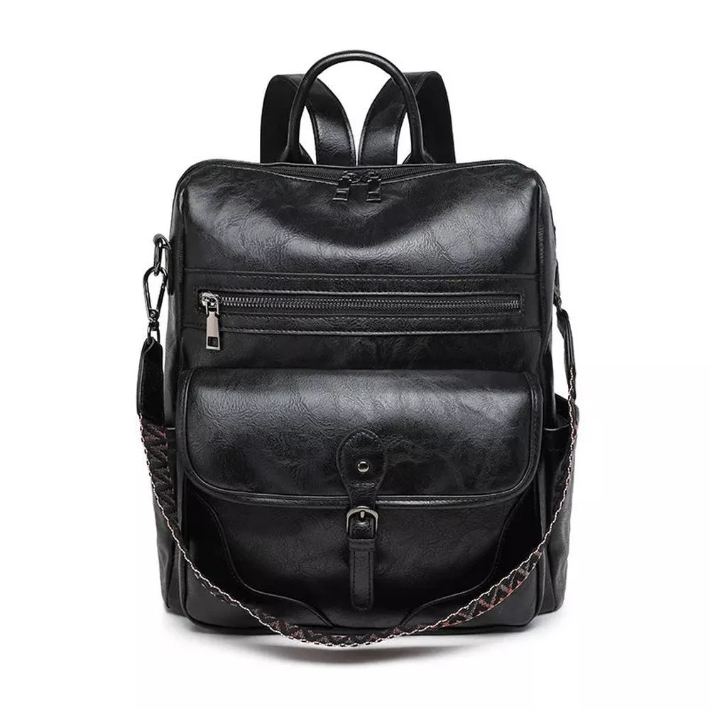 Sac à dos convertible en cuir faux noir avec poches zippées et fermeture à boucle