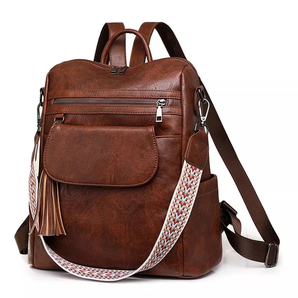Sac à dos en similicuir marron pour femme avec poches multiples et bandoulière tissée
