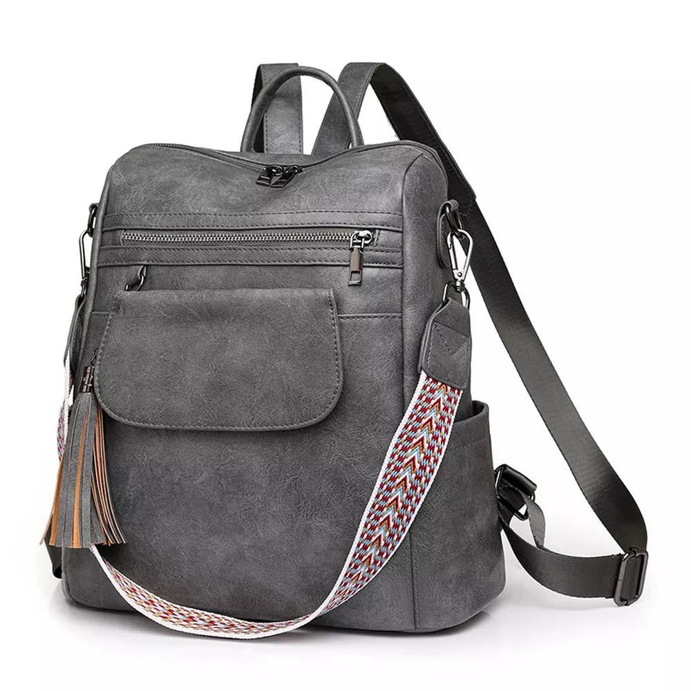 Sac à dos en similicuir gris pour femme avec poches multiples et bandoulière décorative