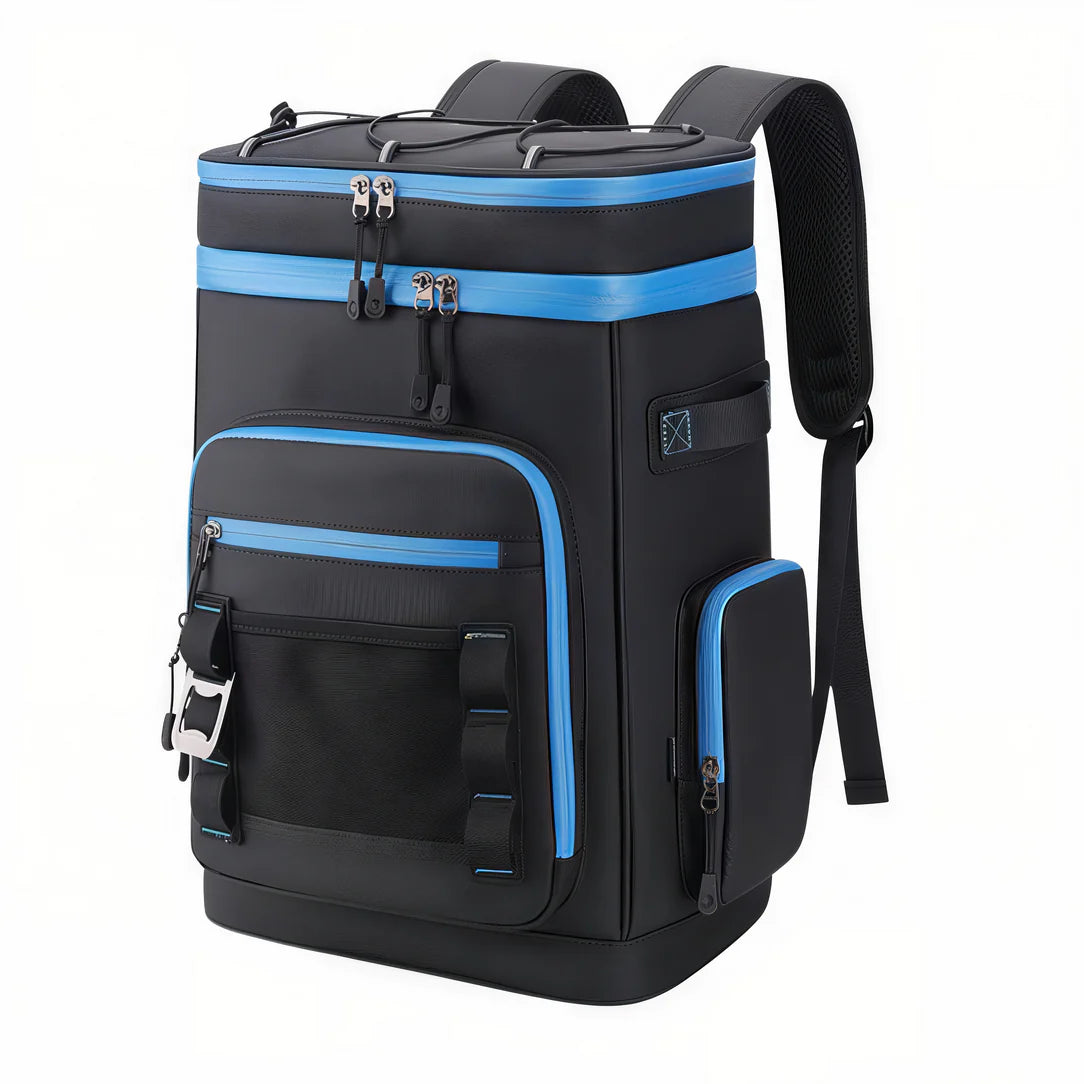 Sac à dos isotherme multipoches 30L noir et bleu avec pochettes et décapsuleur