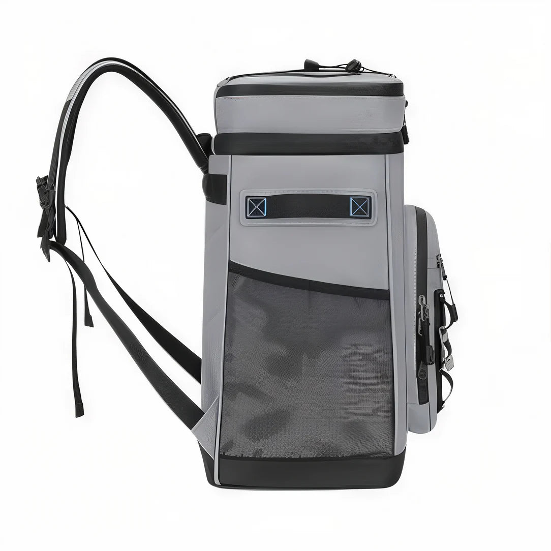 Sac à dos isotherme multipoches 30L gris avec compartiments et bretelles ajustables