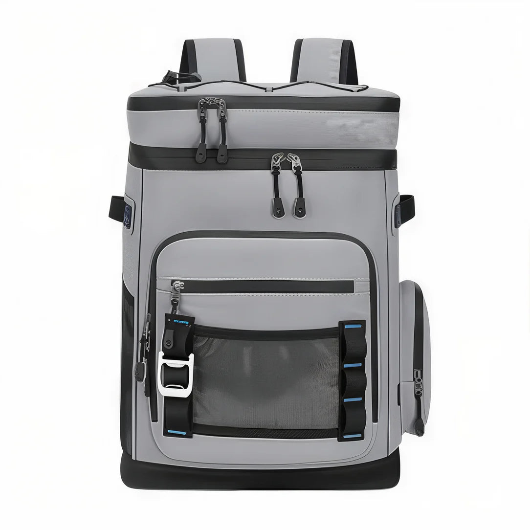 Sac à dos isotherme gris avec plusieurs poches et ouvre-bouteille intégré