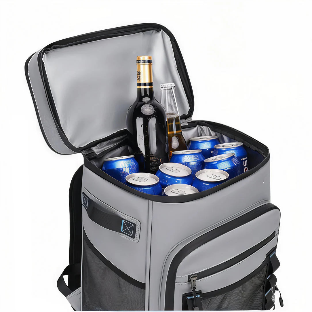 Sac à dos isotherme multipoches 30L gris et noir avec glacière remplie de boissons