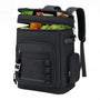 Sac à dos isotherme multipoches 30L noir avec compartiment glacière rempli de fruits et snacks