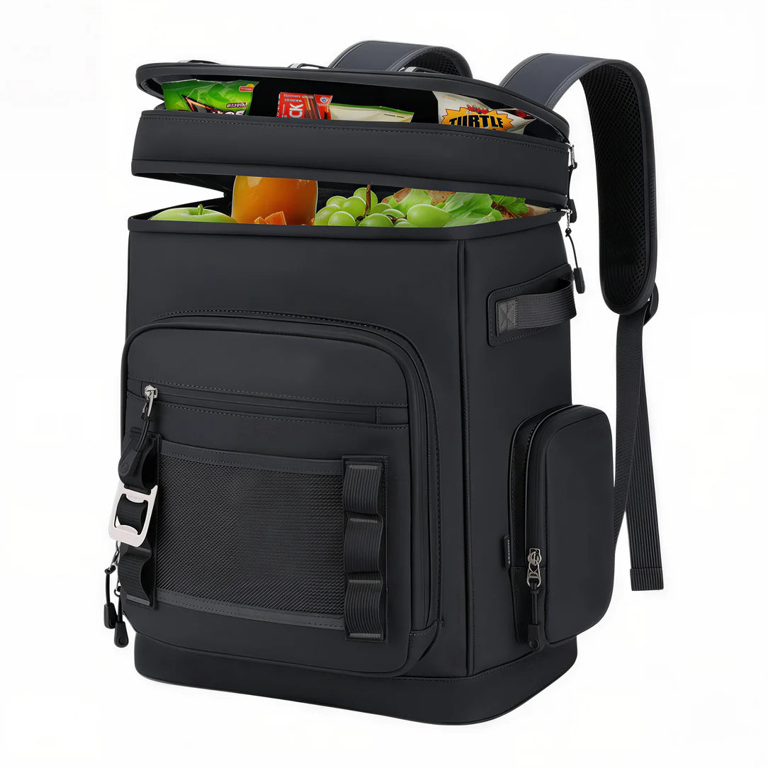 Sac à dos isotherme multipoches 30L noir avec compartiment glacière rempli de fruits et snacks