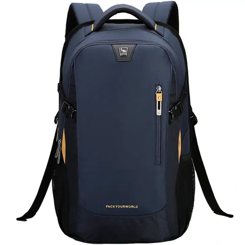 Sac à dos pour le collège en bleu foncé et noir avec accents jaunes et poche zippée frontale