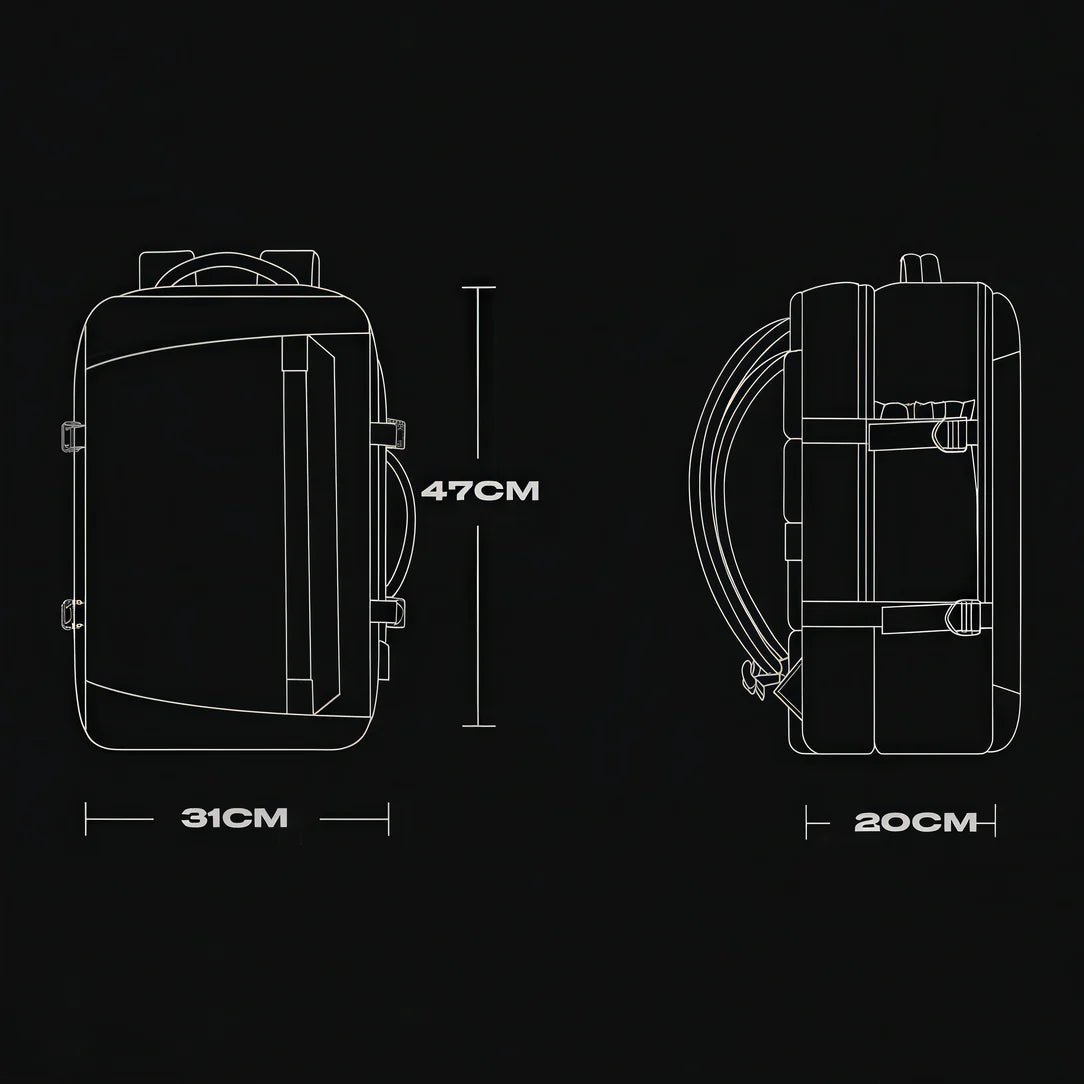 Dessin en contour noir d’un sac à dos pour PC 16 pouces Colossus XB avec dimensions