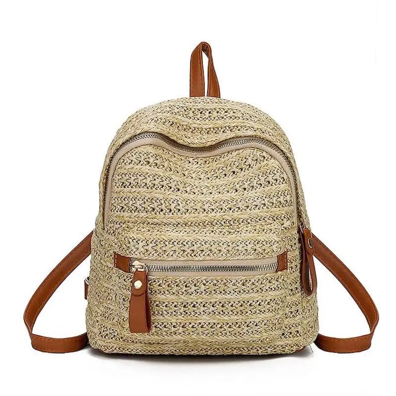 Sac à dos femme de plage en paille avec bretelles en cuir marron et zips