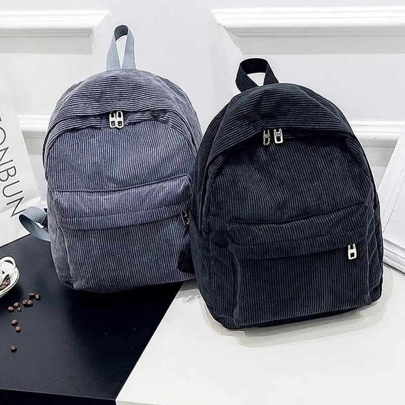 Deux mini sacs à dos en velours côtelé gris et noir pour fille