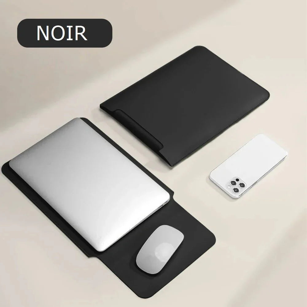 Étui de protection PC en cuir noir avec souris et compartiment pour téléphone