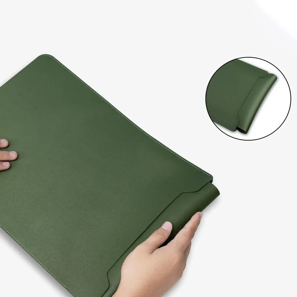 Housse PC en cuir imitation olive vert avec fermeture magnétique pour protection