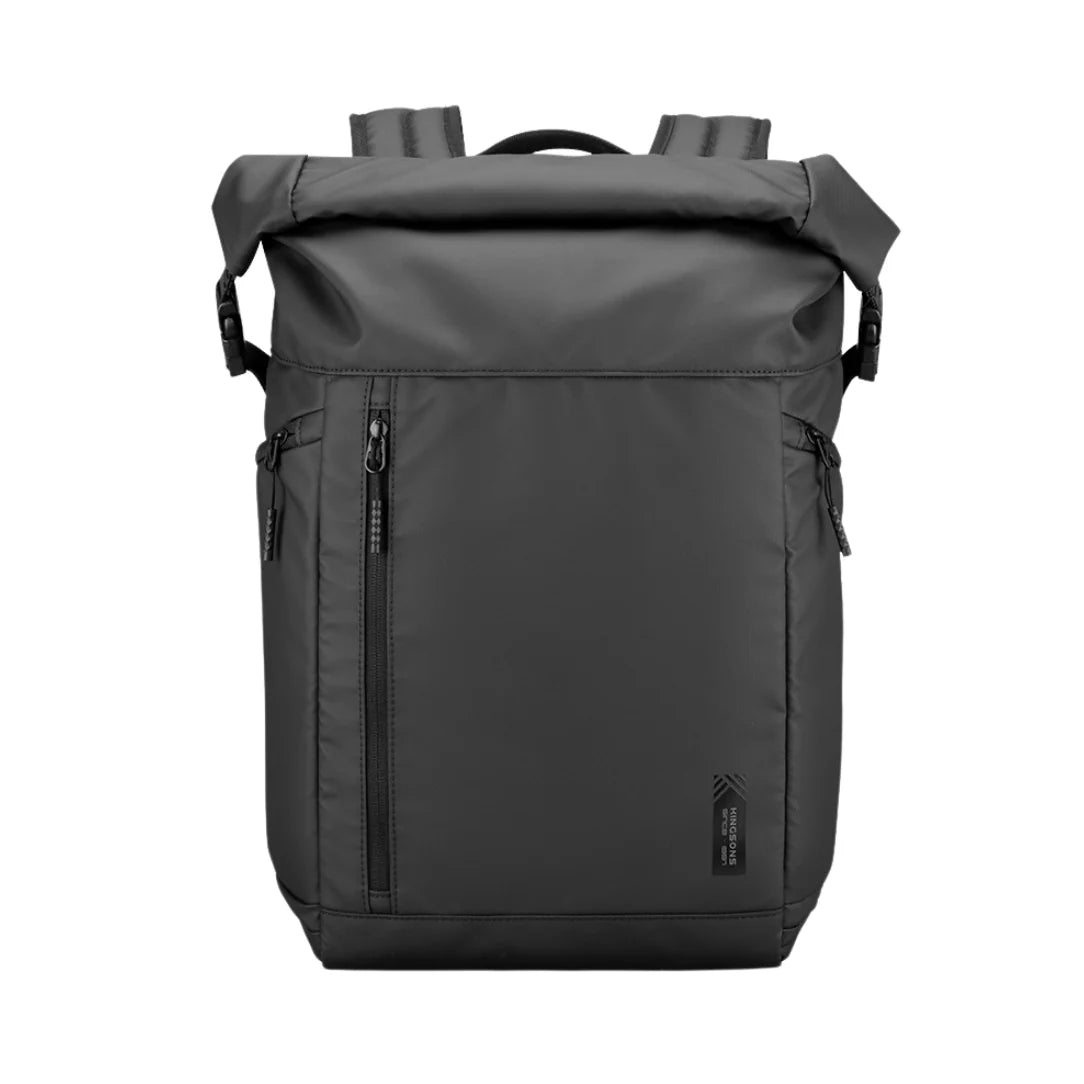 Sac à dos gris foncé avec fermeture roulée et multiples compartiments zippés