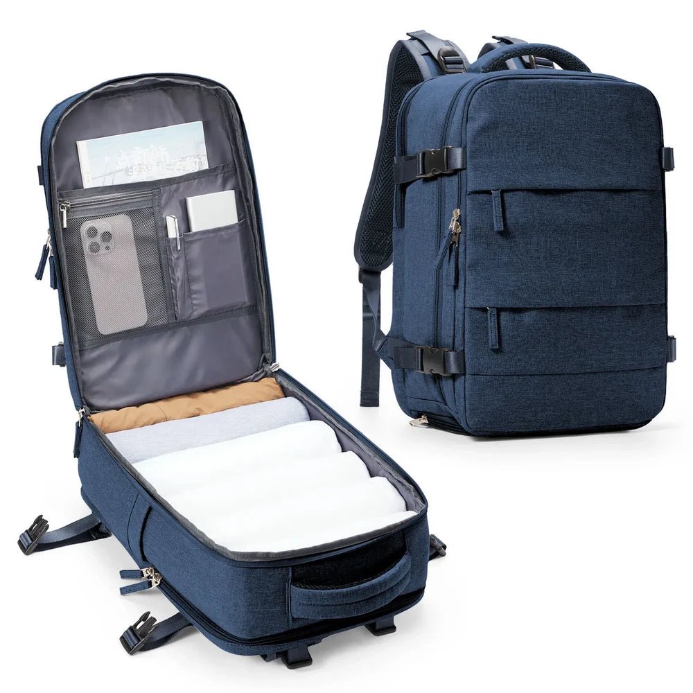 Sac 40x20x25 sac à dos de voyage bleu ouvert et fermé avec compartiments organisés