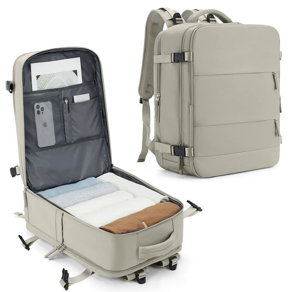Sac 40x20x25 en gris clair avec compartiments et roulettes pour voyager léger