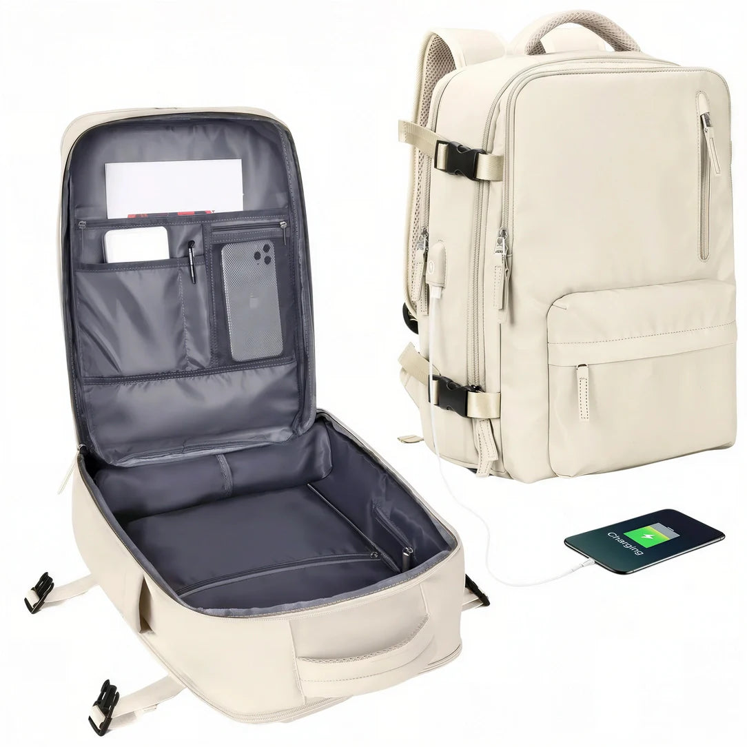 Sac 40x20x30 : sac à dos crème avec compartiments et housse ordinateur