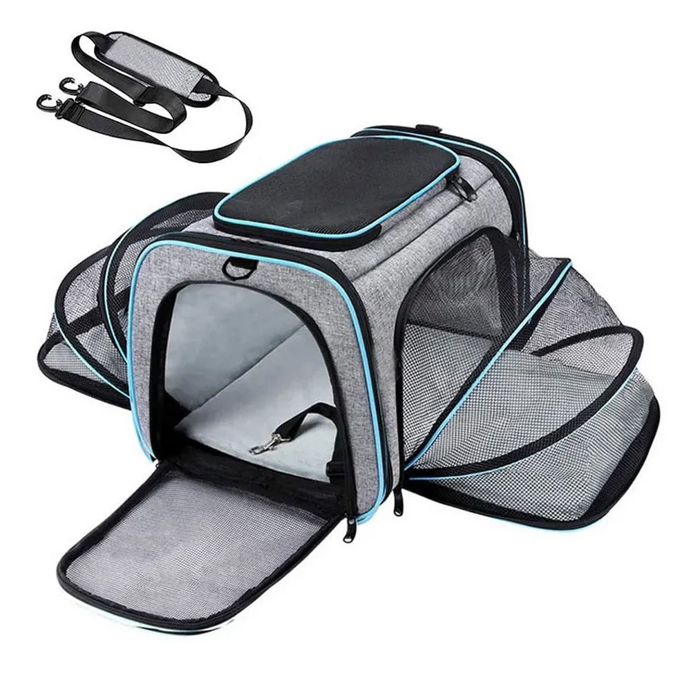 Sac à bandoulière extensible pour chat et chien avec porte-ventilée en maille grise