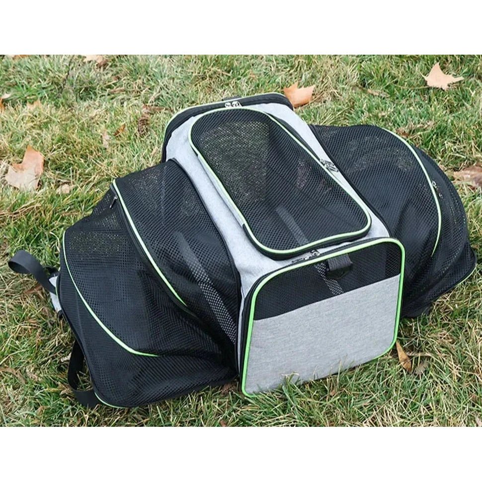 Sac à bandoulière extensible pour chat et chien, sac à dos gris et noir avec fenêtres en mesh et bord lime vert