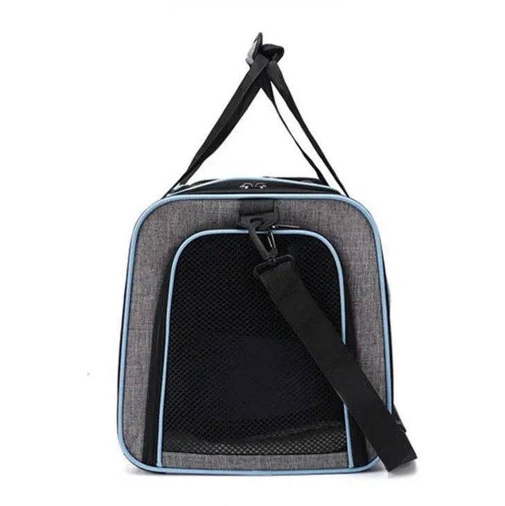 Sac à bandoulière extensible pour chat et chien avec porte-voix gris noir et panneaux en mesh