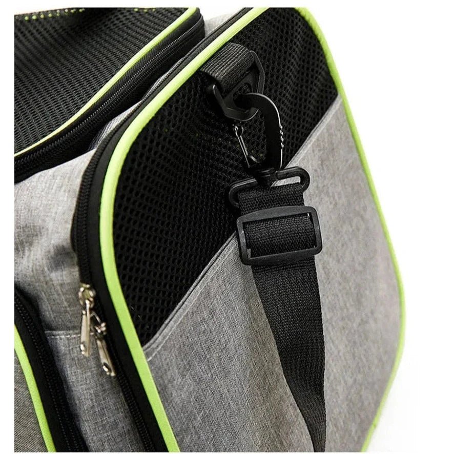 Sac à bandoulière extensible pour chat et chien avec sac de transport gris et détails verts