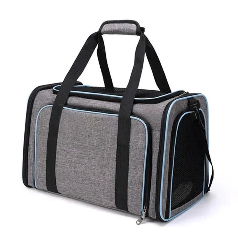 Sac à bandoulière extensible pour chat et chien avec sac de transport gris et détails bleus