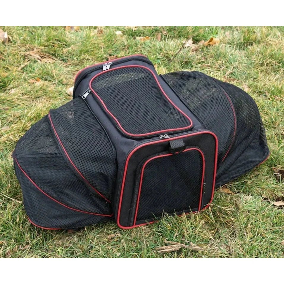 Sac à bandoulière extensible pour chat et chien avec porte-betail noir, rouge et panneaux en mesh