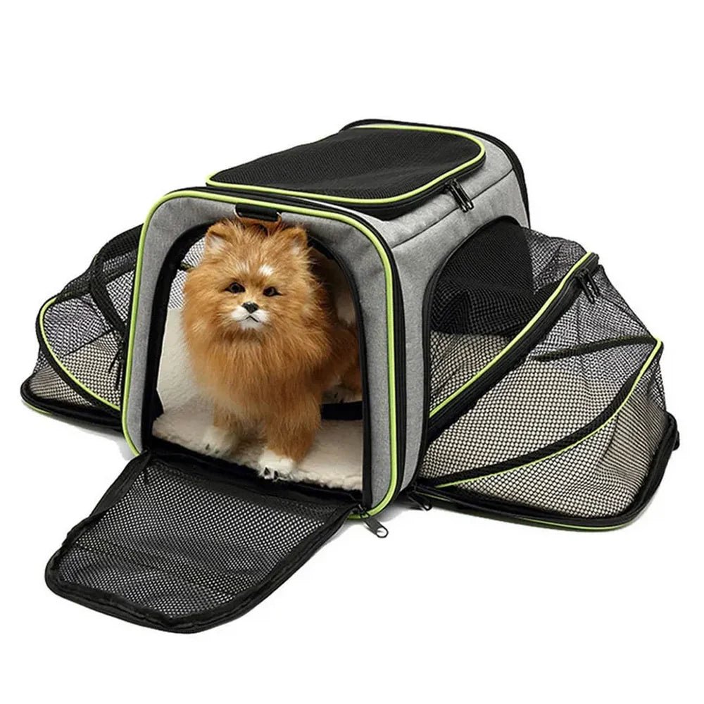 Sac à bandoulière extensible pour chat et chien avec porteur gris, côtés en mesh et intérieur doux