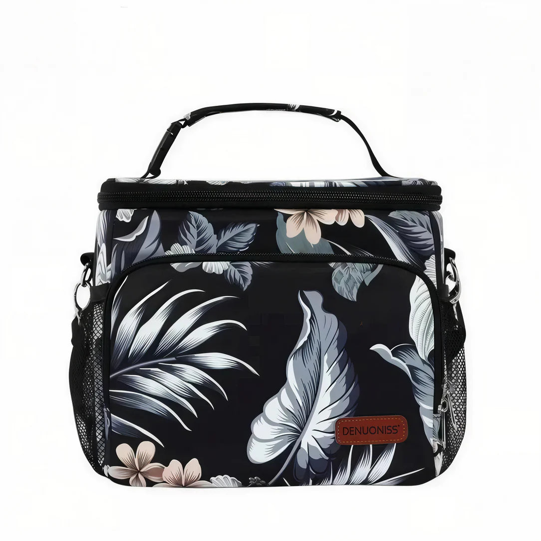 Sac à bandoulière isotherme 10L avec sac à lunch floral noir, poignée et bandoulière