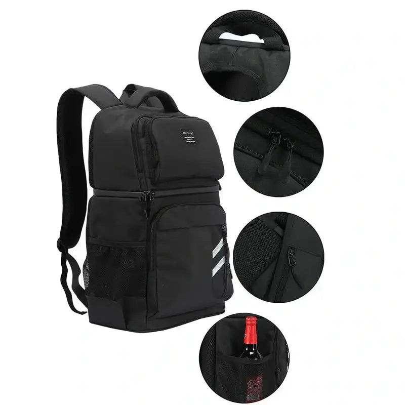 Sac à dos avec compartiment isotherme noir, isolé, multiple poches et compartiments