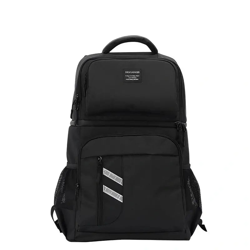 Sac à dos avec compartiment isotherme noir, bandes réfléchissantes et poches latérales en mesh