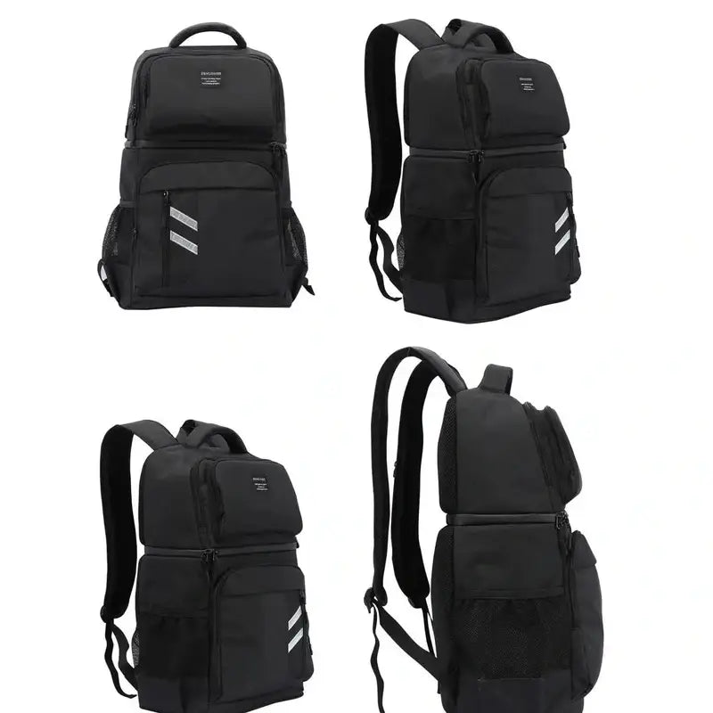 Quatre vues d’un sac à dos noir sportif avec compartiments et bandes réfléchissantes