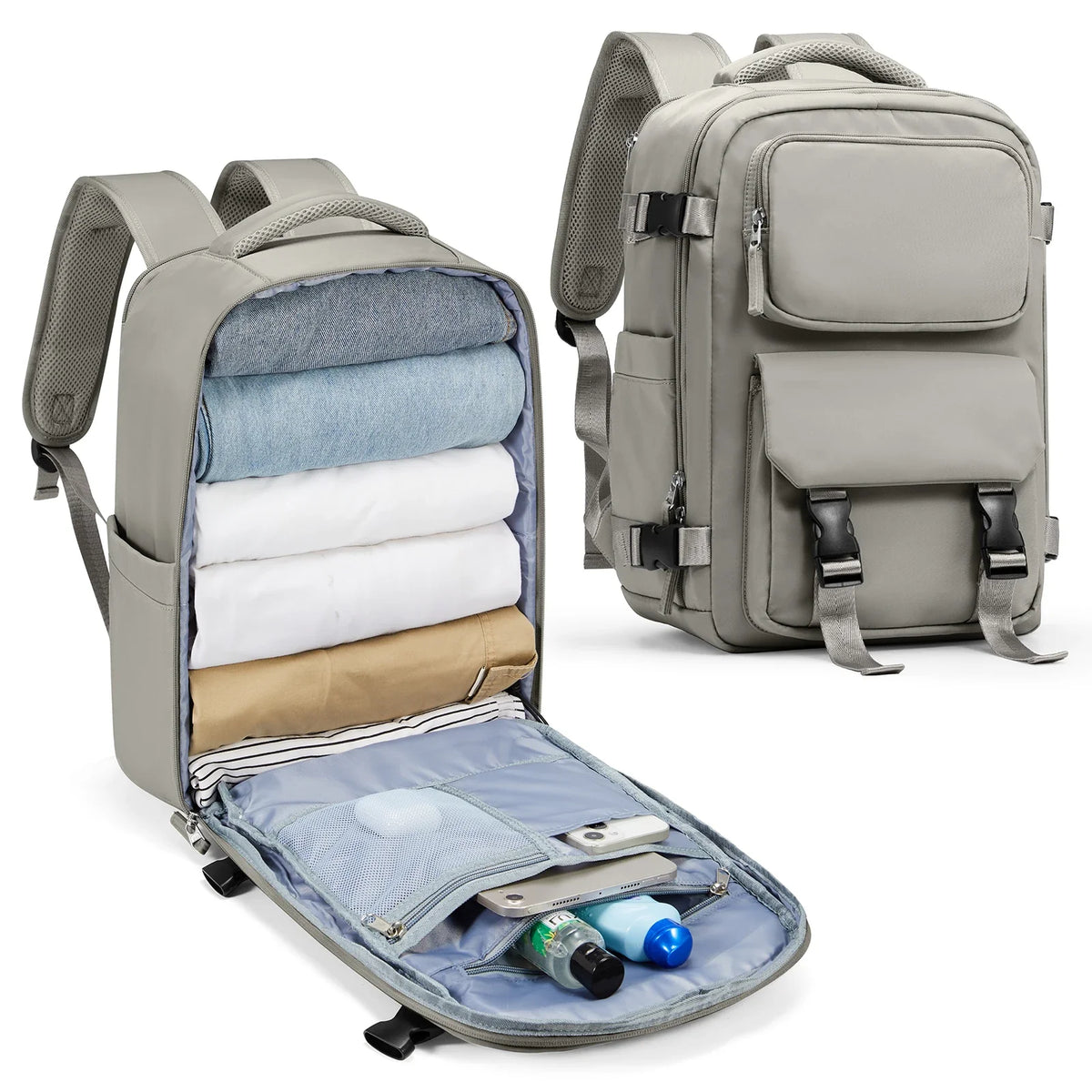 Sac à dos 45x36x20 gris avec multiples compartiments pour organiser vêtements et essentiels